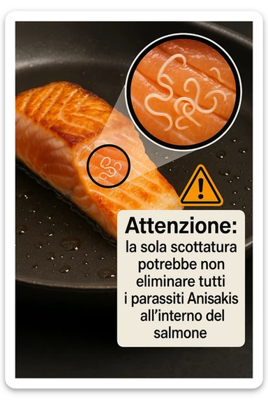 a close-up of a salmon fillet being lightly seared in a hot pan, with the outer layer cooked but the inside still raw. An inset magnifies the interior, showing visible Anisakis parasites surviving in the uncooked portion. A warning icon and educational text explain that searing alone may not eliminate all parasites. in italiano sticker