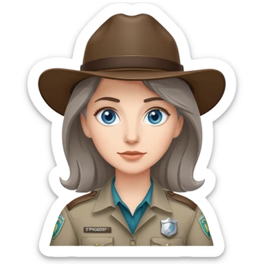 white woman park ranger with blue eyes and brown and gray hair sticker