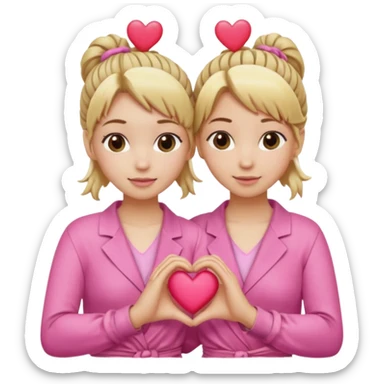 Two best friends making a heart shape with their hands together. One of them has blond hair which is shower and the other has brown hair tied up. They are both wearing pink outfits. sticker