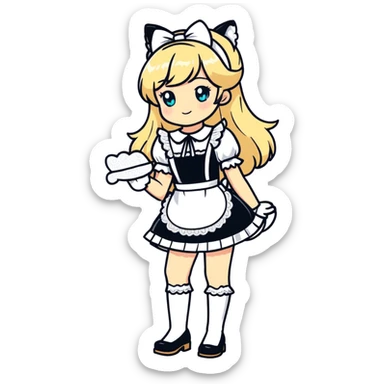 flirty petite blonde catgirl woman long hair freckles shy lace white French maid bare feet sticker