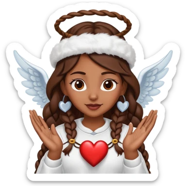 Femme de couleur marron cheffe aux cheveux bruns tressé longs, portant une toque, avec à la fois un halo d'ange et des cornes de diable sur la tête, faisant un cœur avec ses mains sticker