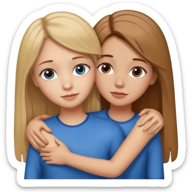 Two girls are hugging. One has dirty blonde hair with a little reddish in it. She has also blue eyes. Her hair is long and straight. The other girl has dark brown hair with hazel eyes sticker