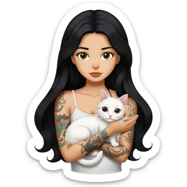 girl with long wave black hair and tattoos and a white cat sticker