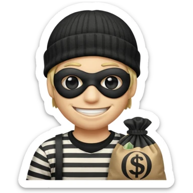 smiley robber wears black eye mask, black beanies and black and white stibes shirt with one money bag beside him sticker