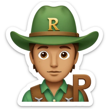 Cowboy wearing a green hat with letter R sticker