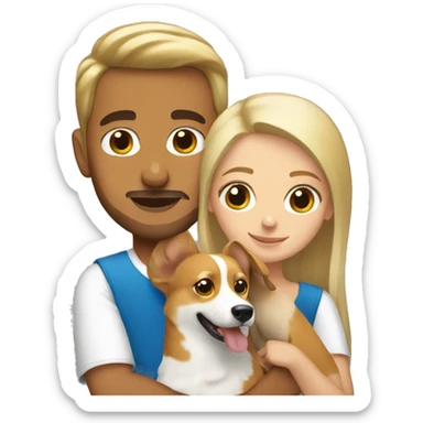 blonde girl with arab guy holding a corgi in their arms sticker