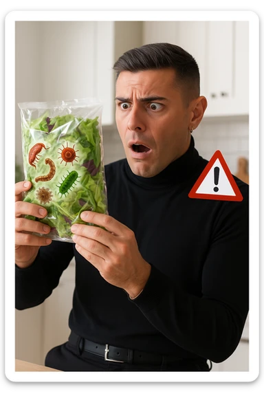 a man with a shocked expression holds a bag of salad greens up to the light. Through the clear plastic, enlarged and detailed images of various parasites and bacteria are visible among the leaves. A red warning triangle with an exclamation mark floats near the bag, emphasizing the health risk. The setting is a bright, everyday kitchen. sticker