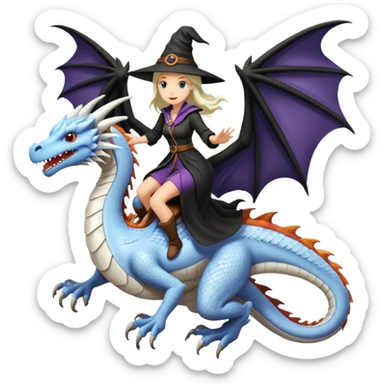 Large white dragon flying with a witchy female rider on top of it sticker
