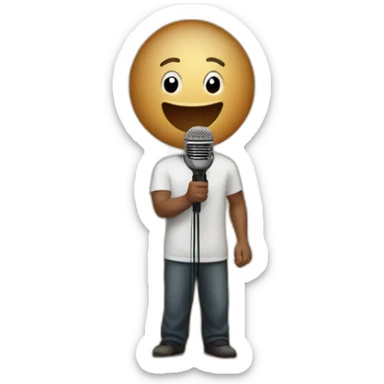 light skin man on theater stage with red curtains holding microphone sticker