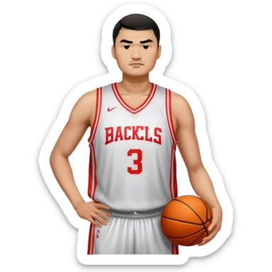 Yao Ming – Cinematic Realistic Portrait of Yao Ming, depicted as a towering basketball icon in a modern uniform, with a gentle yet determined expression and dynamic arena lighting that highlights his immense stature and graceful athleticism. sticker