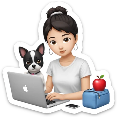 Asian girl with messy bun hair, wearing a white t-shirt, working on an Apple laptop, next to her is a small black and white dog sticker