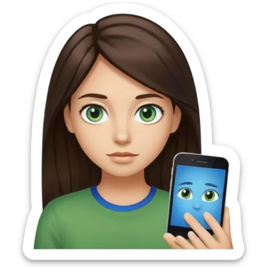 long dark brown hair with highlights in the front, big blue eyes clear skin with neck and green top on sticker