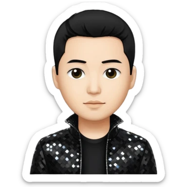 Joe Hahn from Linkin Park with black hair, light skin, black sequin outfit sticker