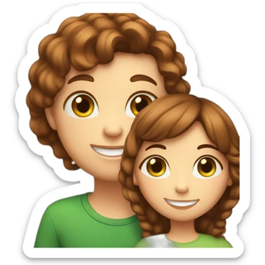 Girl with brown hairs. boy with brown hairs and green eyes and hugs brown fat cats sticker