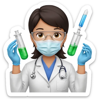 medica con guantes  y mascarilla e insumos laboratorio reactivo jerigan tubos  pelo negro largo triguella sin testoscopio sticker