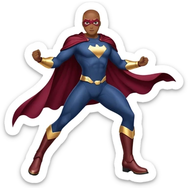 superhero in dark blue and maroon bodysuit with gold accents, digital cape, maroon boots, dynamic pose sticker