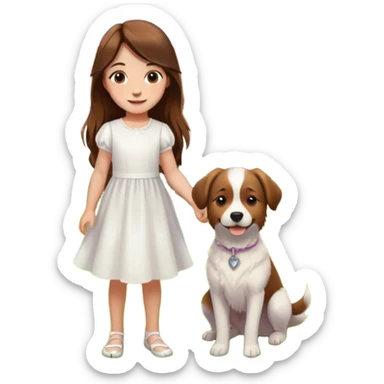 1girl, dog, dress, brown_hair, outdoors, realistic, grass, flower, sunlight, looking_at_viewer, smile, solo, long_hair, brown_eyes, white_dress, house, standing, day, animal sticker