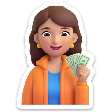 memoji of a stylish girl with charisma, showing tired happiness, smiling with one eye half-closed, in comfortable modern clothes, holding cash or cards sticker