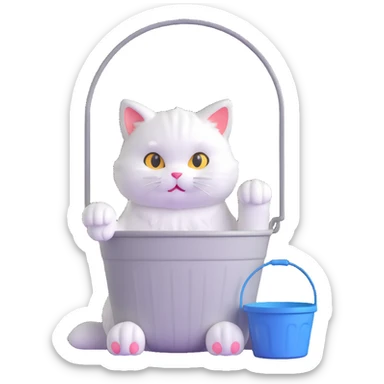 fluffy white cat sitting with a large bucket on its head, paws visible sticker
