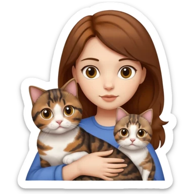 girl with brown hair holding two cats, one tortoiseshell cat and one Scottish cat sticker