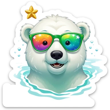 friendly anthropomorphised polar bear smiling, wearing large multicolored star-shaped glasses and festive St. Patrick's Day outfit, swimming in water sticker