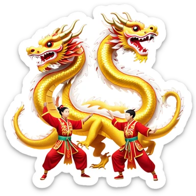 Cinematic Realistic scene of a Chinese Dragon Dance featuring performers energetically holding a vibrant dragon model aloft, with intricately detailed scales and dynamic flowing costumes, illuminated by festive red and gold lighting that captures the spirit of celebration. sticker