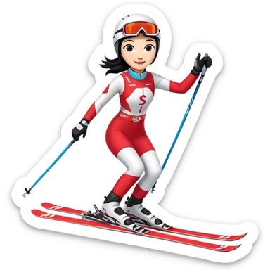 Ski racer woman downhill squad red white dress with the name Stephanie on the dress and the name HEAD on the skis black hair smile sticker