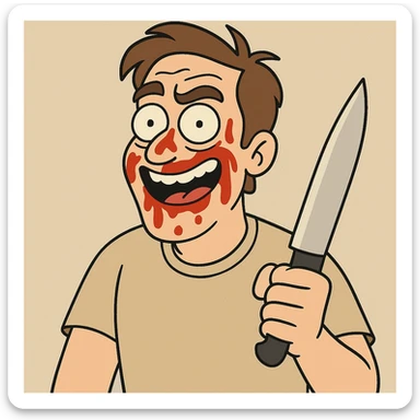cartoon man holding a knife with ketchup smeared on his face, humorous and exaggerated, clear facial expression, no violence, neutral background sticker