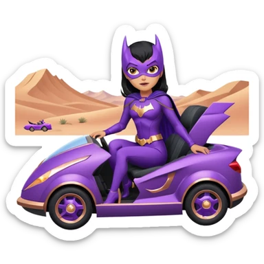 Hot full size real-appearance racing action BatGirl’s feminine midnight-purple tight outfit sixty’s tv show 1992 stealth retro cat burglar sporty petite off-road pursuit hovering hover cruiser car rose gold accents (black hair,reclined and relaxed seating position and attitude) desert sticker