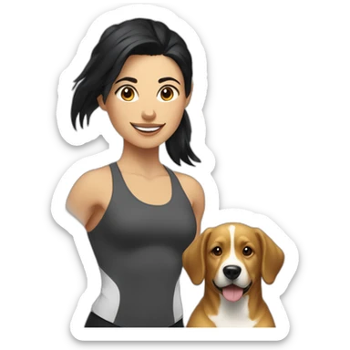 crossfit woman with black hair, white and doing lowering. And a golden race dog at her side sticker