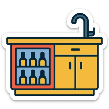 Wet bar with wine fridge and sink, minimal design, wood cabinets, color outline icon style, transparent background sticker