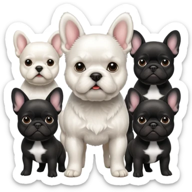 White terrier with 3 black French bulldogs behind him sticker