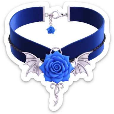 gothic choker with navy blue velvet band, silver bat charm, blue rose centerpiece, shimmering white light effect, dark and gothic sticker