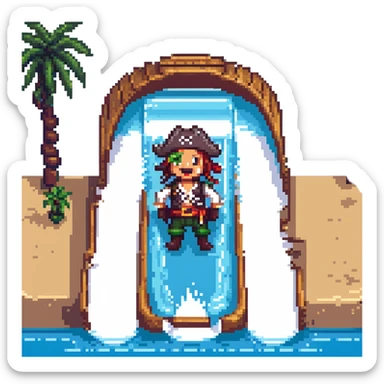 a pirate sliding down a water slide, energetic and fun, pixel art style sticker