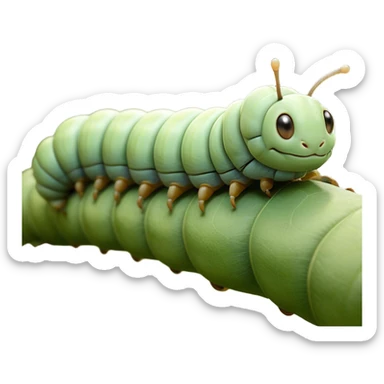 Beautiful and Majestic Caterpillar Portrait Emoji, Head and body rendered in serene repose with a gentle, content smile, showcasing a delicately segmented form with softly textured hues and eyes peacefully closed in tranquil slumber, Simplified yet exquisitely endearing features, highly detailed, glowing with a soft, drowsy natural light, high shine, relaxed and utterly noble, stylized with an air of graceful metamorphosis, soft glowing outline, capturing the essence of a beautiful and majestic caterpillar that embodies the quiet promise of transformation! sticker