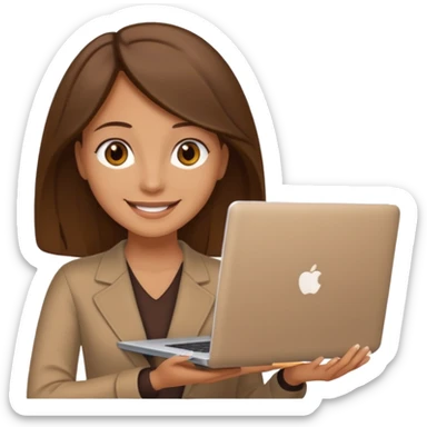 emoji of a tan woman with brown eyes and brown shoulder length hair, holding a laptop sticker