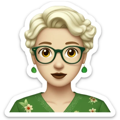 White girl in a green kurta with flower design, glasses, alot of piercing, gay, red lips, nose ring, full body, teen, short straight edgar hair,  sticker