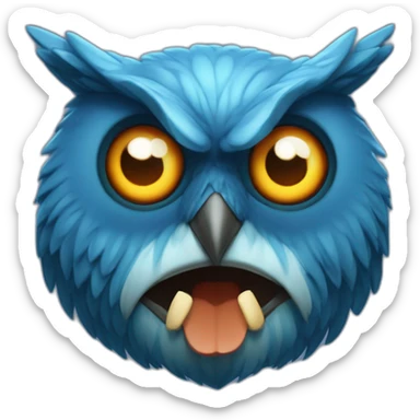 blue owl (hexa color 072a6b) with with devil horns, a wide grin, and eyes and eyebrows scrunched downward, looks angry, only head sticker