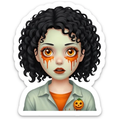 Faça uma garota zumbi de cabelo cacheado preto e uma mecha descolorida meio alaranjada do lado esquerdo sticker