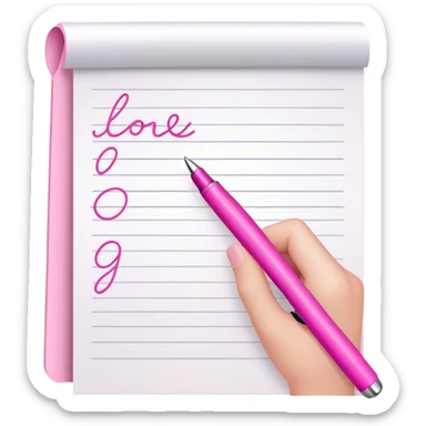 hand writing with a pink pen in a notebook sticker
