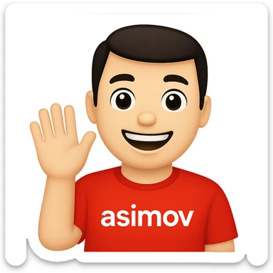 Convert the image of an office worker wearing a red 'asimov' t-shirt saying hello into a simple and expressive apple style emoji with a transparent background. Focus on capturing the essence of the office worker and the red 'asimov' t-shirt in the emoji style. sticker