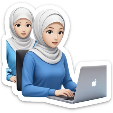 computer engineer with white hijab wearing blue outfit, with her metaverse creation coming to life around her, digital elements and code escaping from the screen behind her, virtual objects and holograms materializing in 3D space around her, laptop in front of her, her digital world extending beyond the screen into reality sticker