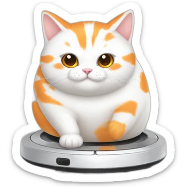 fat white and orange cat sitting on top of white roomba sticker