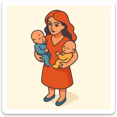 A woman with long wavy hair, large expressive eyes and lips, standing and holding two babies, with soft shadows and highlights, in 2D isometric illustration style, inspired by the reference image. sticker