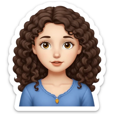Aesthetic white girl with long curl hair color dark brown (almost black, but more brownish), big almond shape eyes color brown, small wide nose, natural lips, sweet expression. Dressed with a  cute top sticker