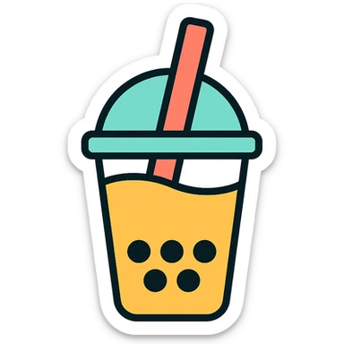 colorful outlined icon of a boba tea cup with straw and pearls sticker