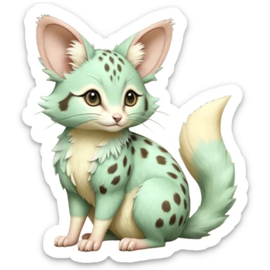 Light-green, soft realistic romantic vintage antique divine beautiful elegant pretty precious cute young youthful  Fakémon-Pokémon-opossum-feline-mouse-serval-caracal-chinchilla-Minccino-Cinccino-Meowstic-rodent-hybrid-creature with a big fluffy bushy tail (full body) sticker
