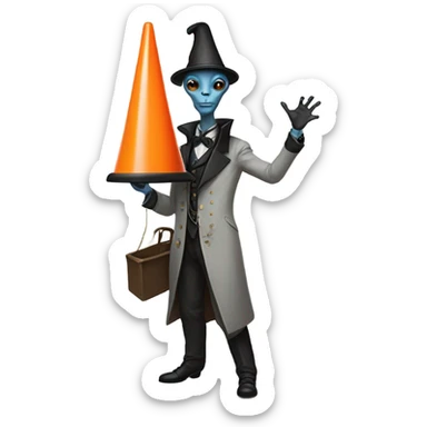 alien galora in Victorian dress elegant, full body, holding big traffic cone sticker