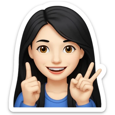 Haz una imagen de una mujer con cabello negro largo , con una sonrisa en su cara y la punta de su dedo indice entre sus dientes sticker