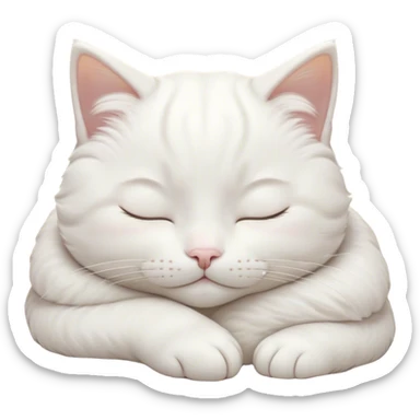 Meme-Worthy Cute Sleeping White Cat Portrait Emoji, Head peacefully tilted with a tender, contented smile and eyes gently closed in serene slumber, featuring a pristine white fur with subtle, delicate silver accents, simplified yet irresistibly adorable, highly detailed, glowing with a soft, drowsy radiance, high shine, exuding calm, heartwarming charm, styled with a gentle, soft glowing outline, capturing the essence of a sleeping white cat that seems destined to become the next viral icon of adorable repose! sticker